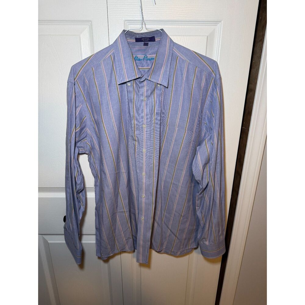 Alan Flusser XL Blue Stripe Button Down Shirt Mens Long Sleeve Cotton